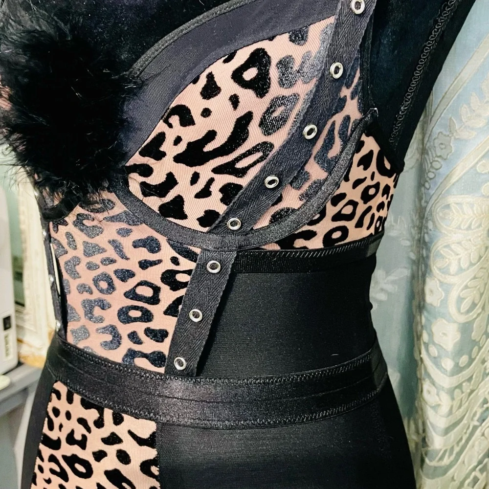 Leopard Print Bustier Size S Garter Slip Black Feather Accent  Mesh Adjustable - Picture 4 of 13